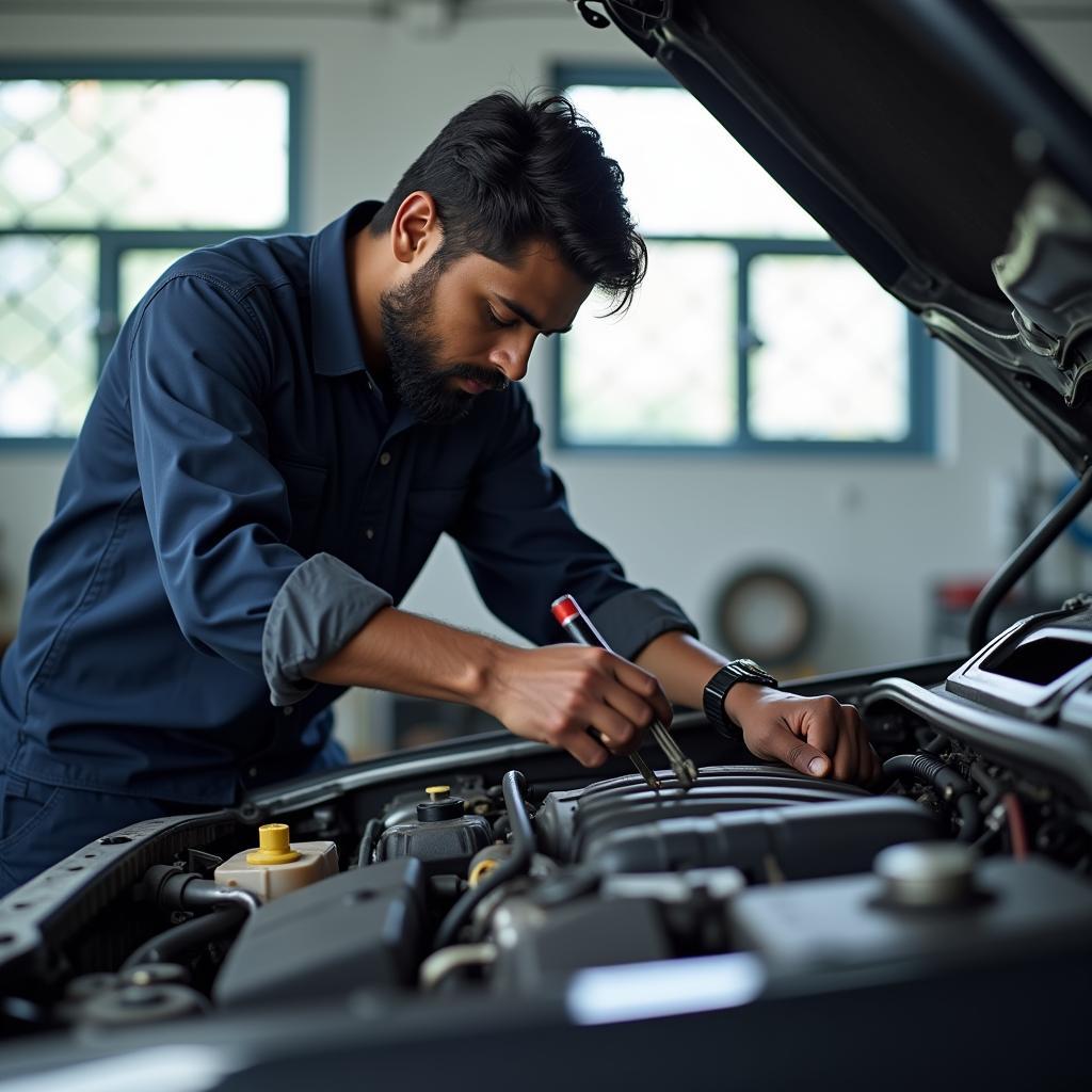 Mechanic working on a car engine at Jaya Maruthi Car Service Erode