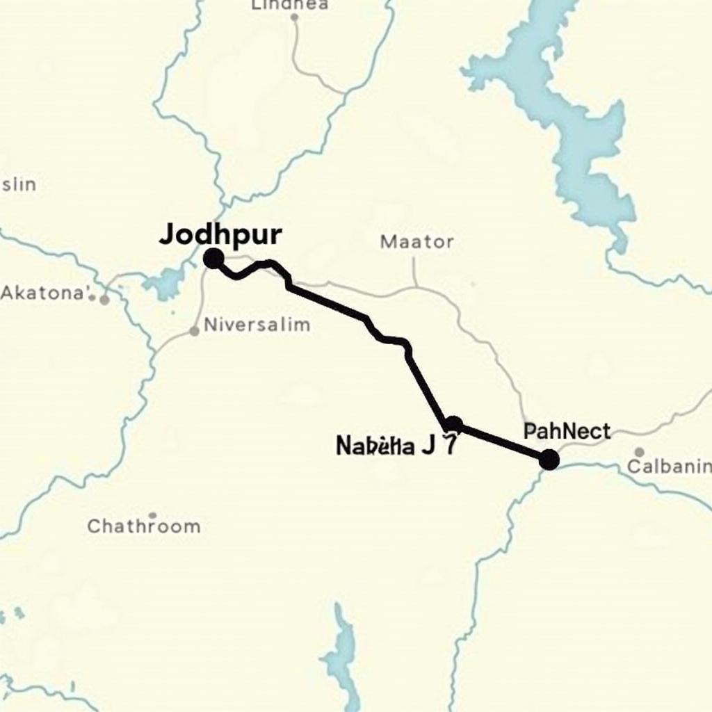 Route map between Jodhpur and Nakoda Ji