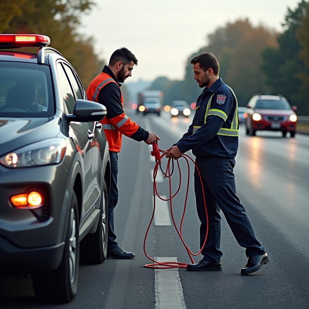 Technician Providing Jump Start Car Service