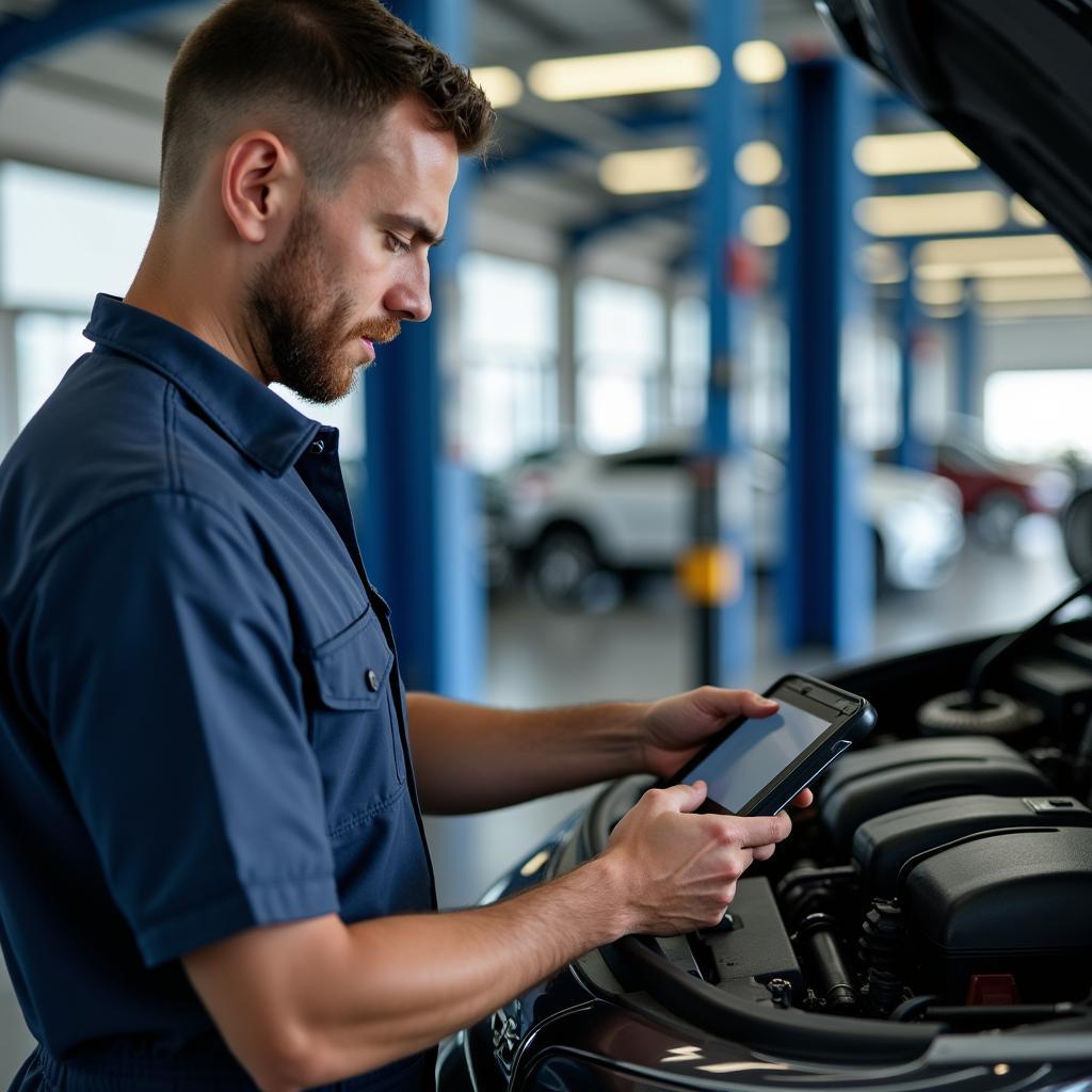 Mechanic working on a car in a Konapaa Agrahara car service shop