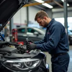 Mechanic Working on a Car in a Leyton Car Service Garage