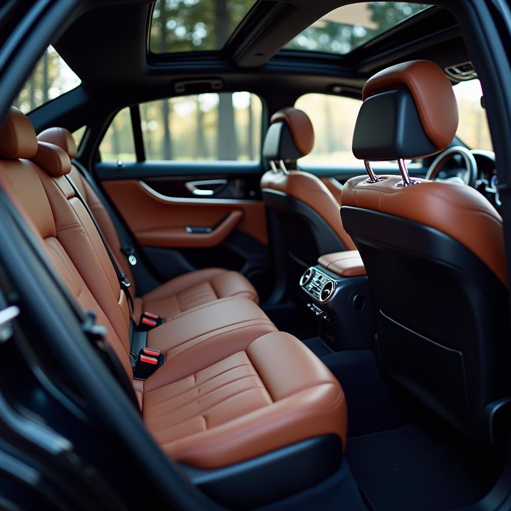 Interior of a luxury car showing comfortable leather seats and amenities