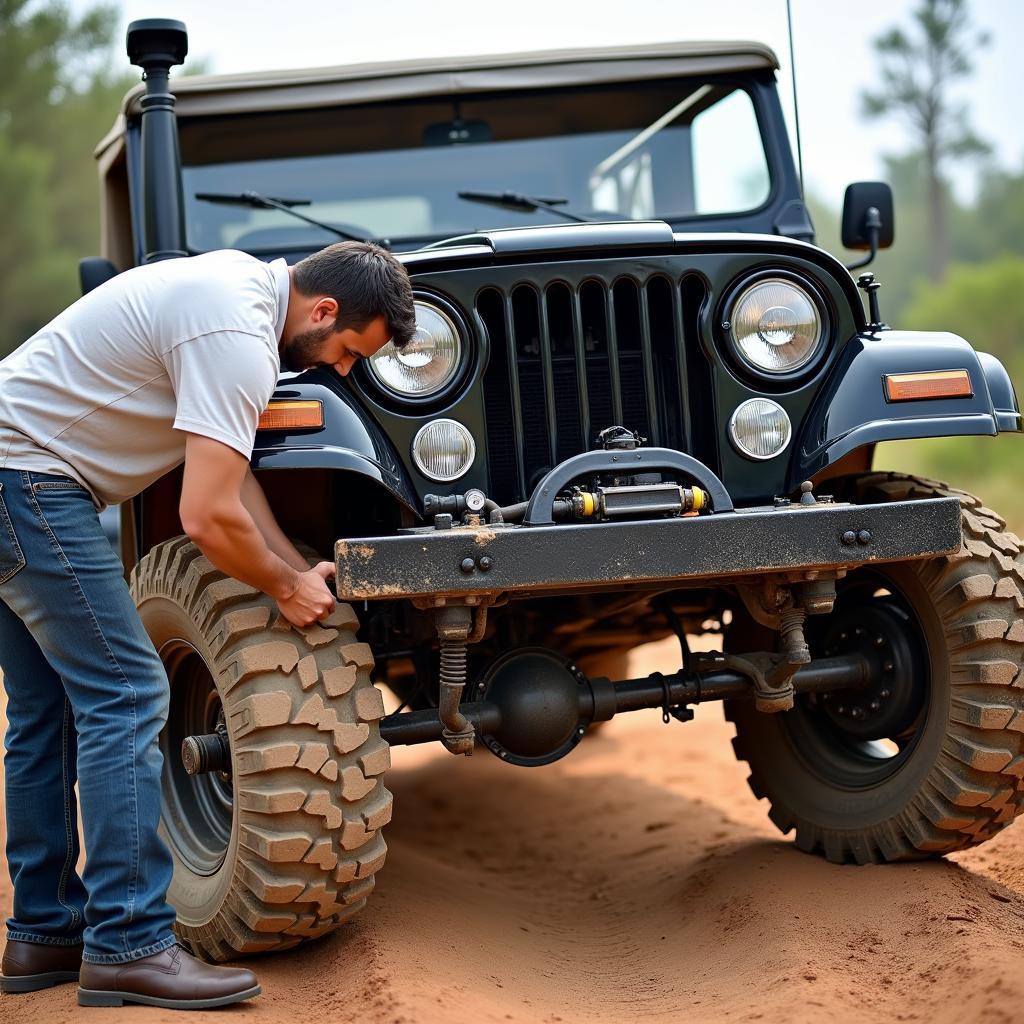 Mahindra Thar undergoing off-road maintenance checks