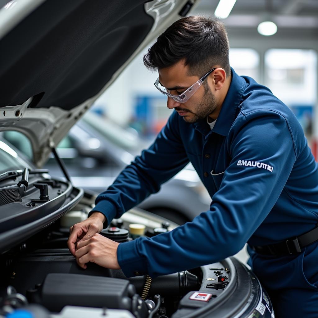 Maruti Certified Technician Working on a Car Engine