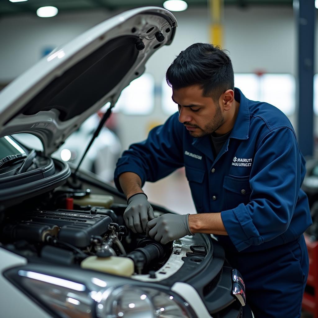 Maruti Suzuki Authorized Technician Working on a Car in Wayanad