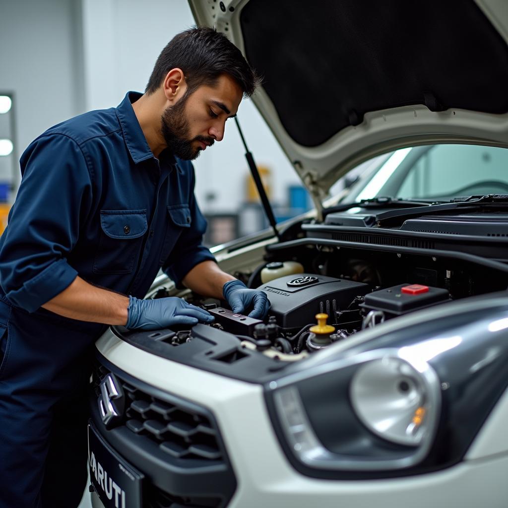 Maruti Technician Performing Vehicle Inspection During General Service