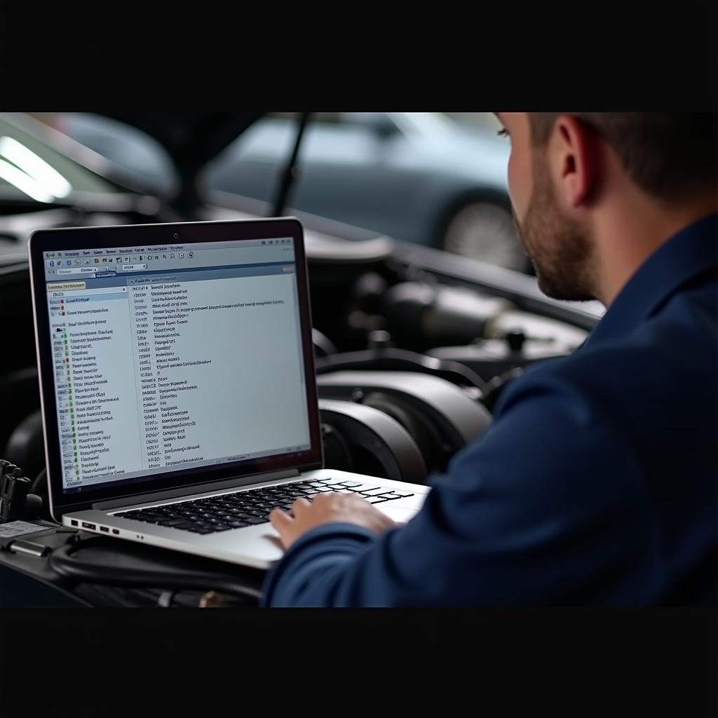 Mechanic Analyzing DTC Codes on a Laptop