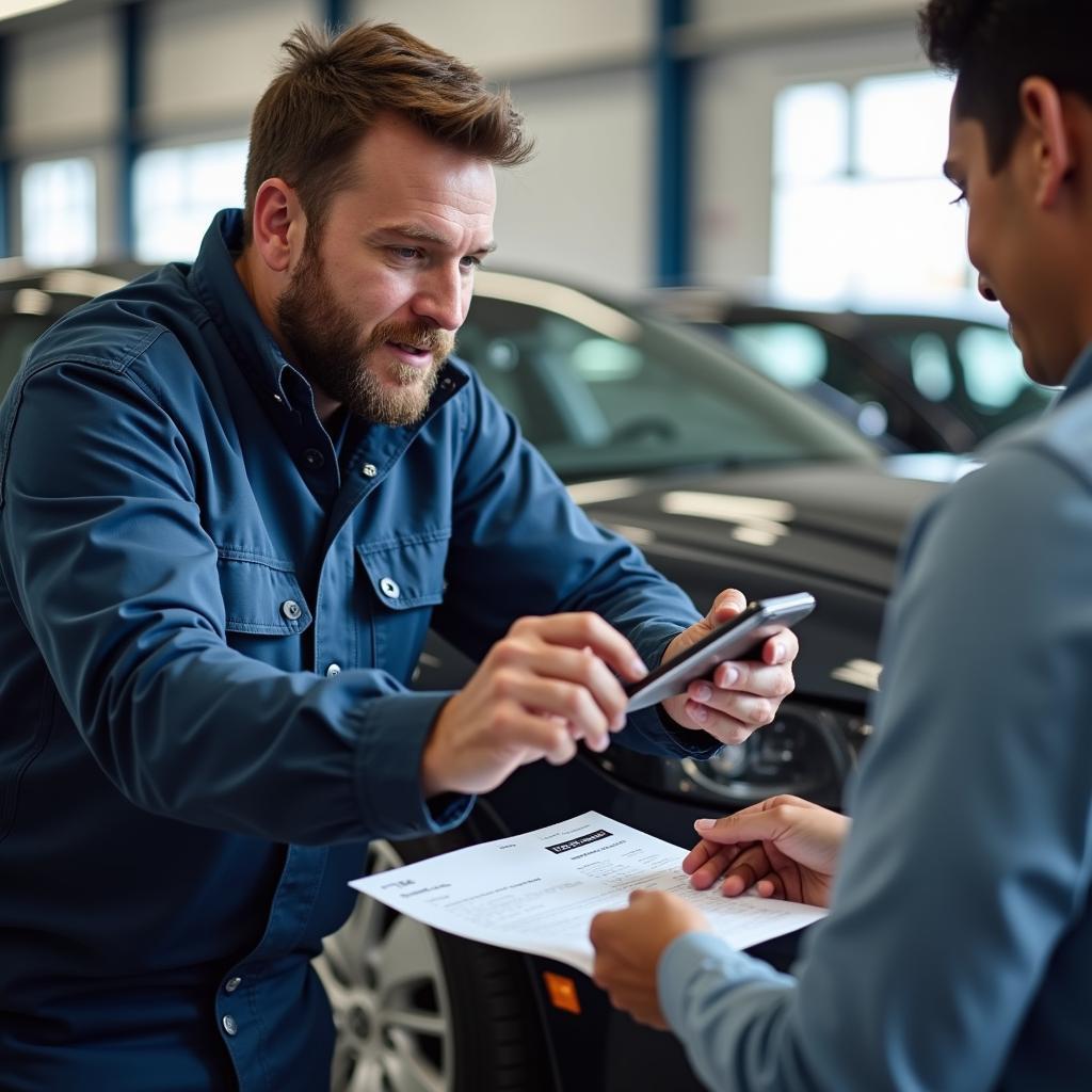 Mechanic applying a promo code discount at a car service center