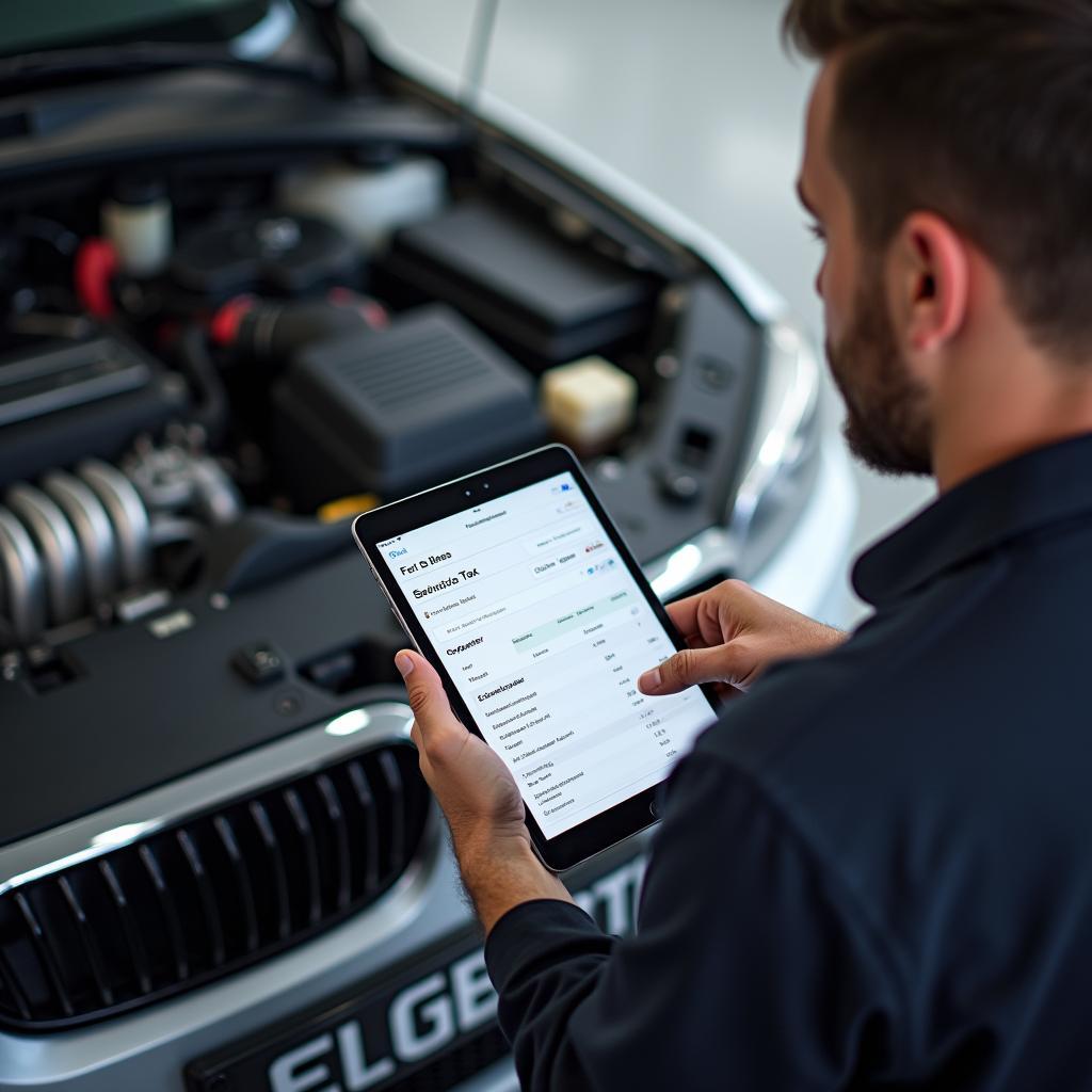 Mechanic Calculating Service Tax on a Tablet