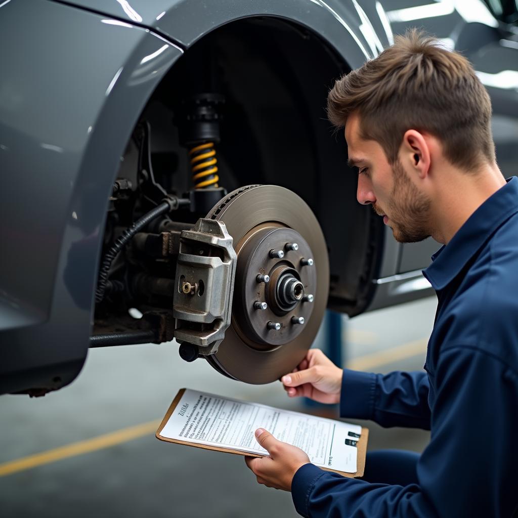 Mechanic Using Checklist for Brake Inspection