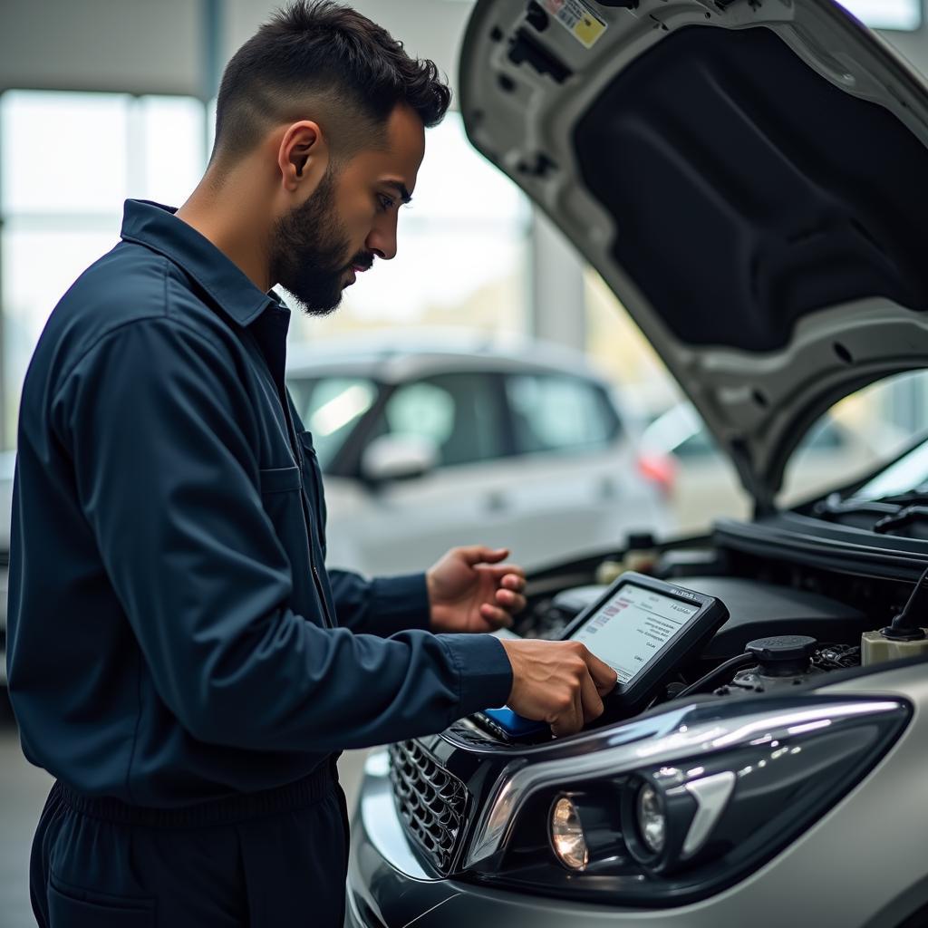 Mechanic Checking Car Diagnostics in Faridabad