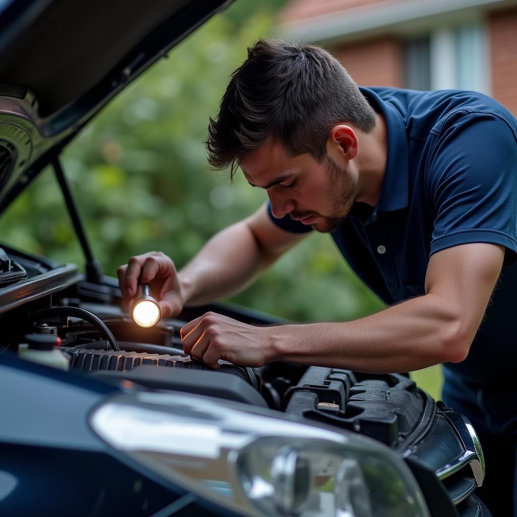 Mechanic inspecting a car engine during a doorstep service appointment