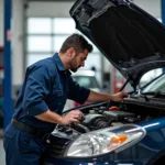 Mechanic checking car fluids in an express car service center in Staten Island