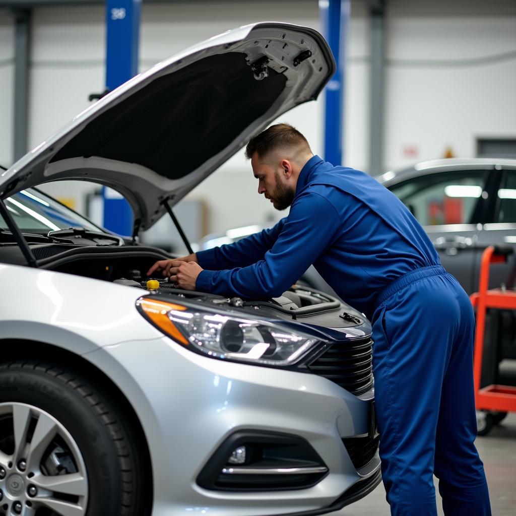 Mechanic checking a car in a small service station