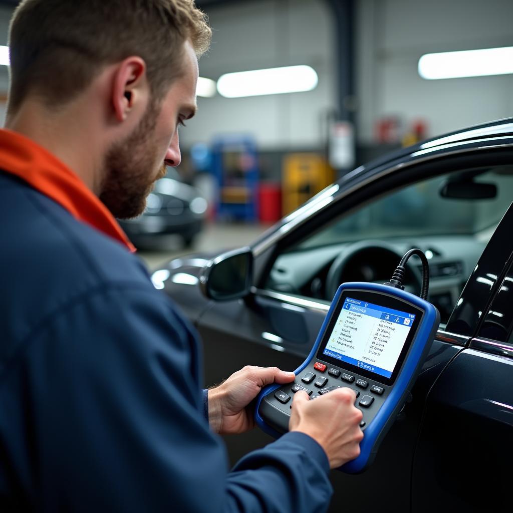 Mechanic Diagnosing Car Problem with Diagnostic Tool