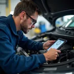 Mechanic Diagnosing Car Issue with Advanced Tools