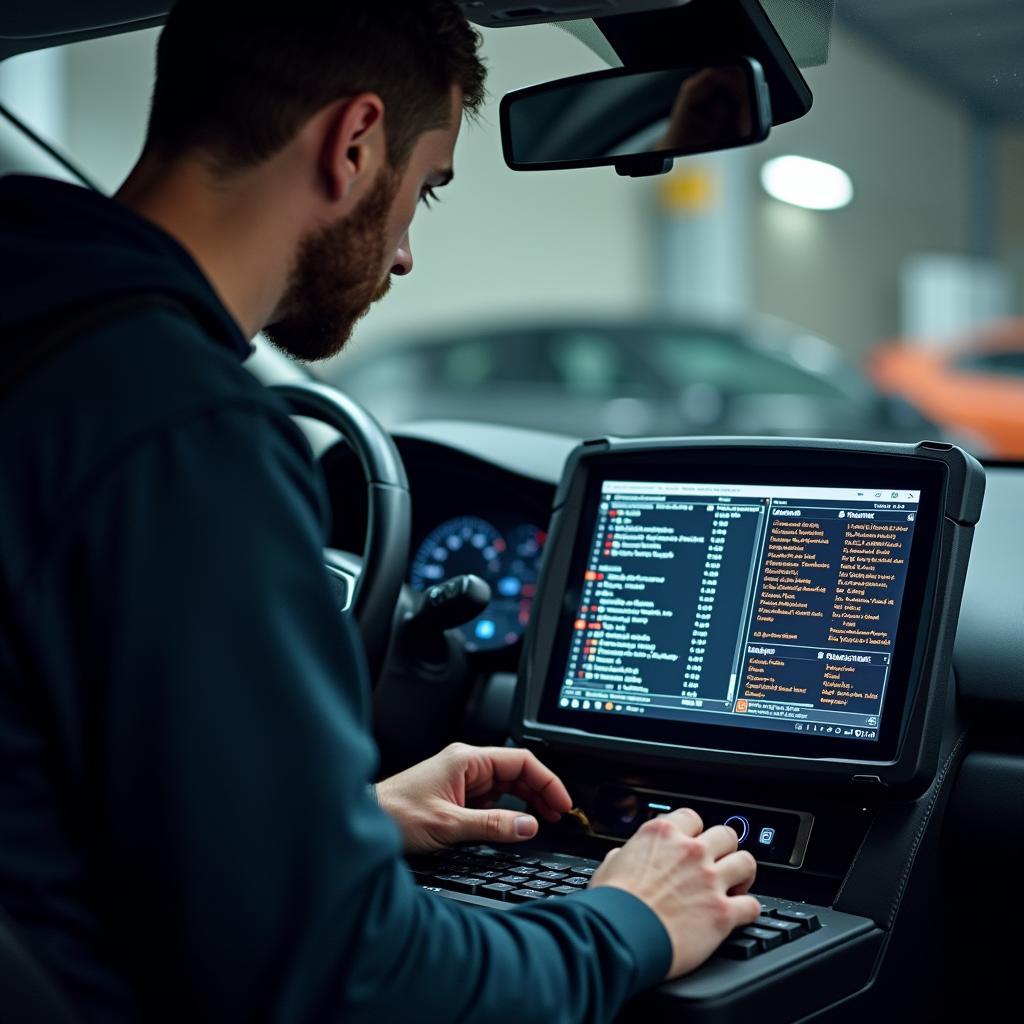 Mechanic Diagnosing Car Software Issue with a Computer