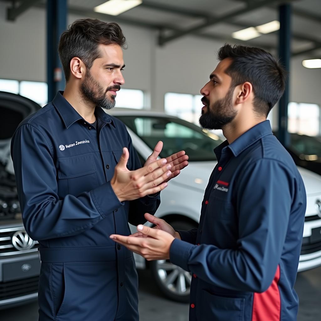 Mechanic Explaining Car Issue to Customer in Mathura Service Center