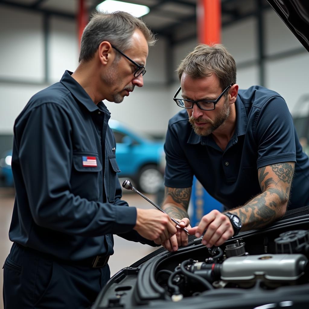 Mechanic Explaining Car Issue to Customer During Service