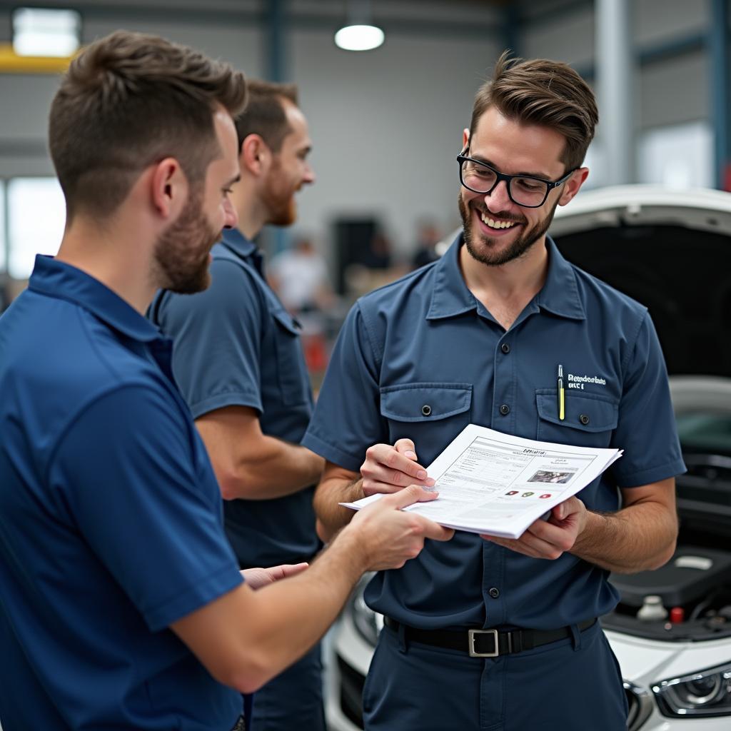 Mechanic Explaining Car Issues and Repair Options to a Customer