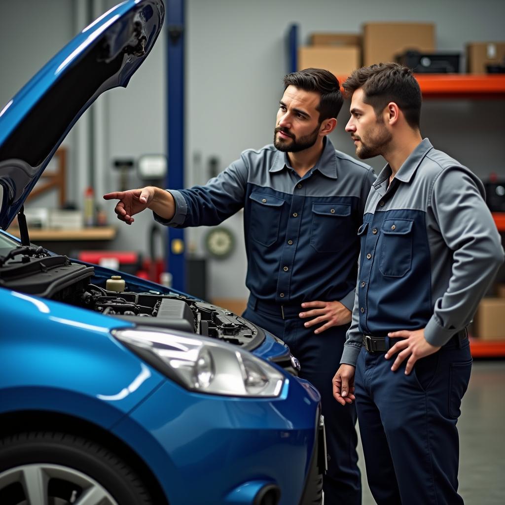 Mechanic explaining car repair to customer