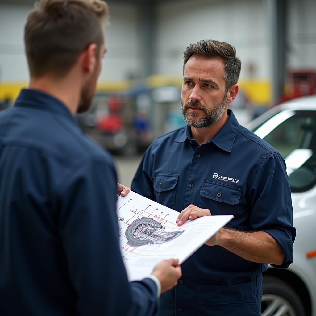 Mechanic explaining car repair details to the customer