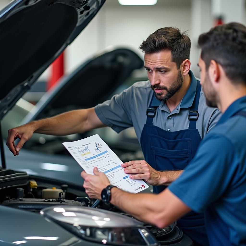 Mechanic explaining car repairs to a customer in Andheri East