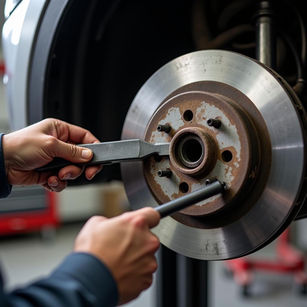 A mechanic inspecting brake rotors for wear and tear.