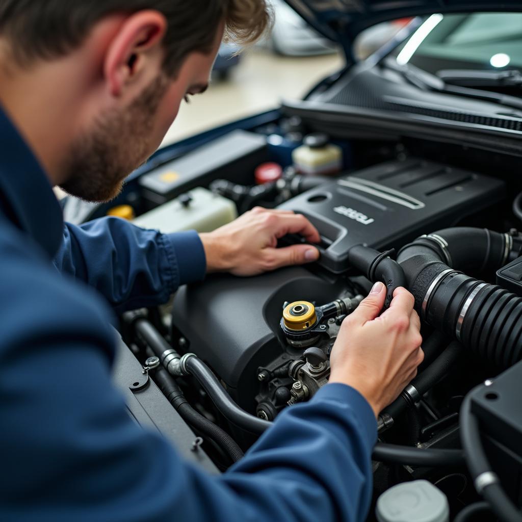 Mechanic Performing Car Engine Inspection