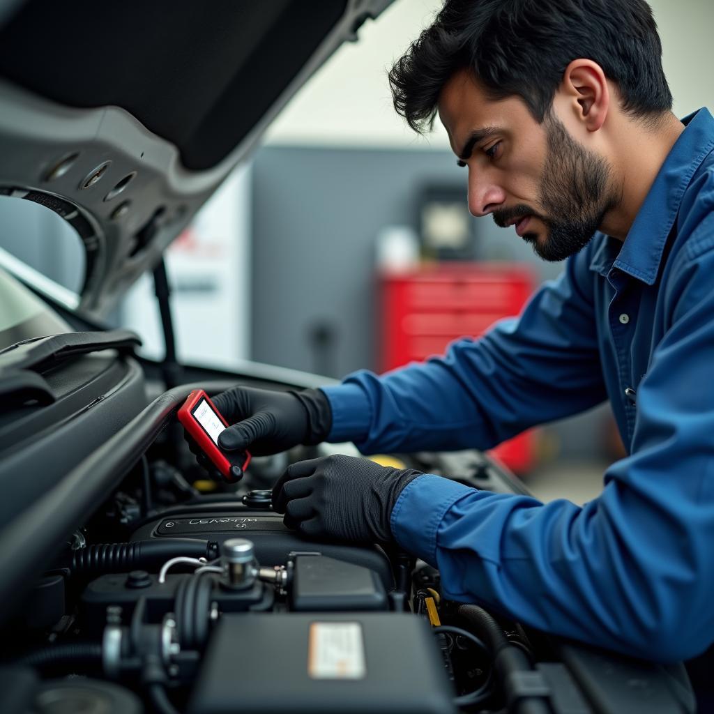 Mechanic inspecting car engine in Pune