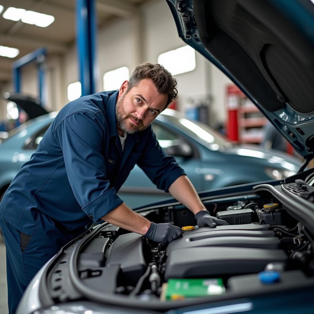 Mechanic Inspecting Car Engine Before Road Trip: Ensuring Optimal Performance