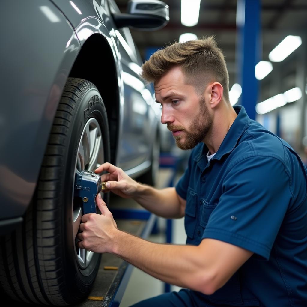 Mechanic Inspecting Car Tire for Damage