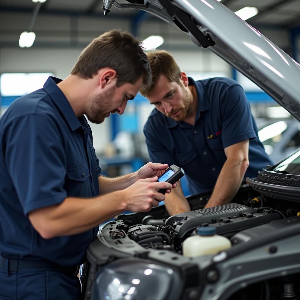 Mechanic inspecting a damaged car