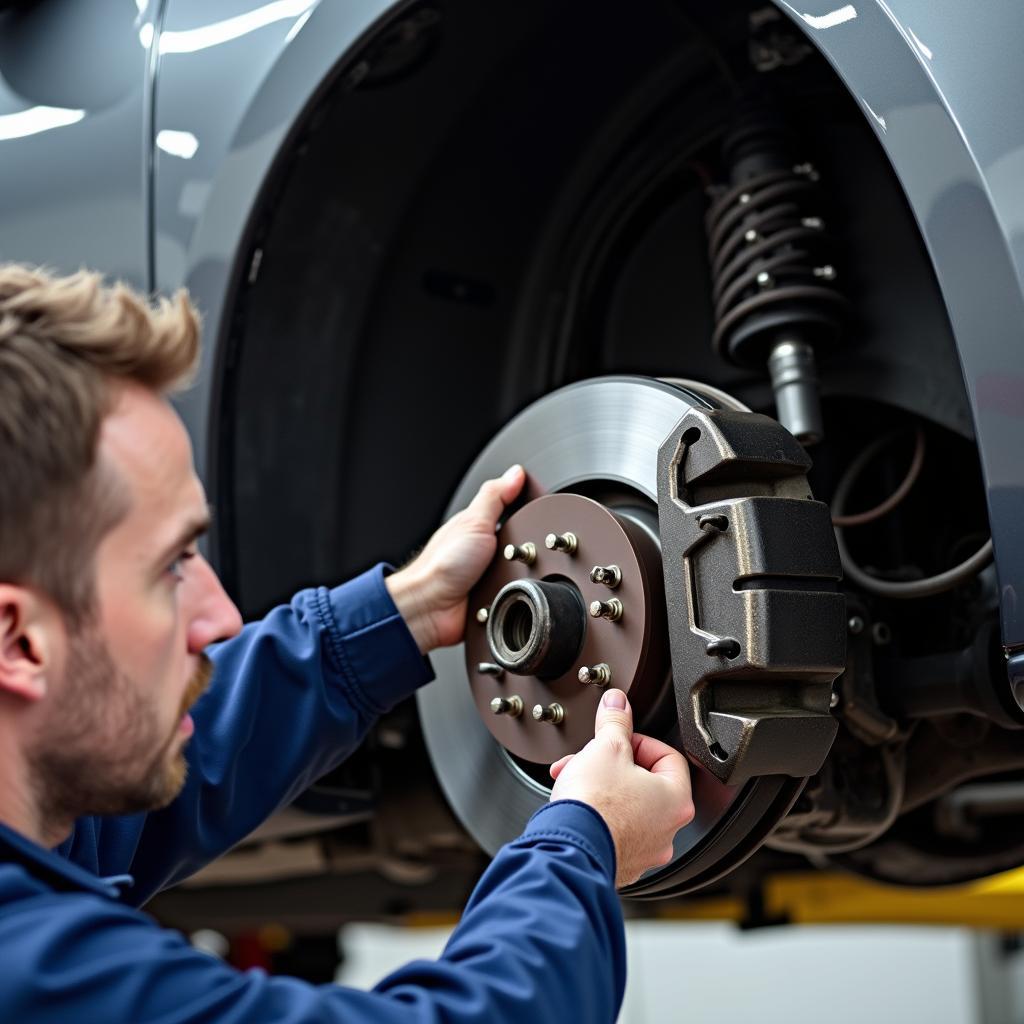 Mechanic meticulously performing a brake inspection during car service.