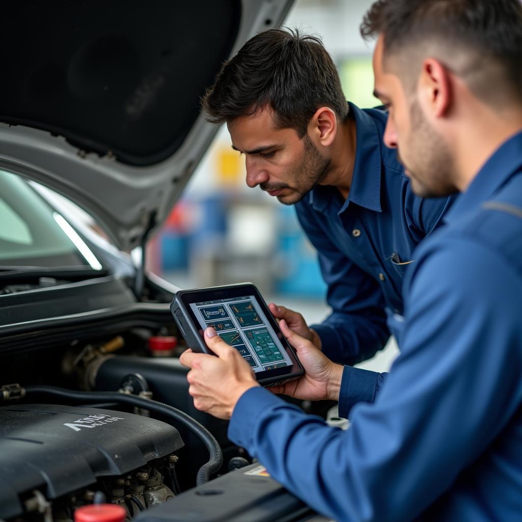 A skilled mechanic uses diagnostic equipment on a car in Shalimar Bagh