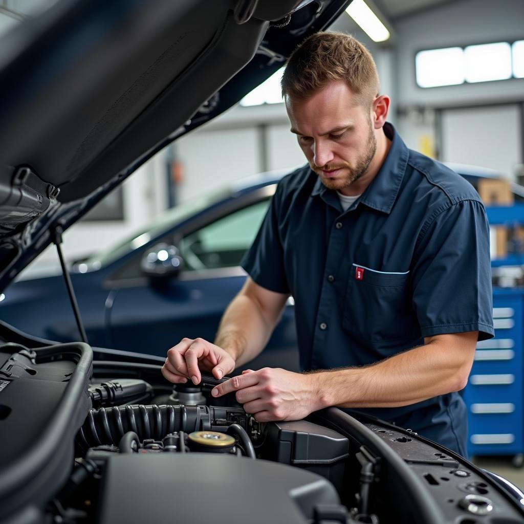 Mechanic Performing a Routine Car Service Checkup