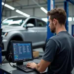 Mechanic Performing a Diagnostic Check on a Car Using a Computer