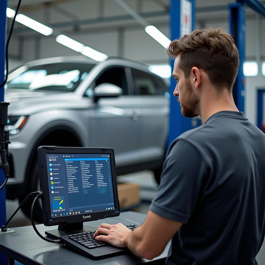 Mechanic Performing a Diagnostic Check on a Car Using a Computer