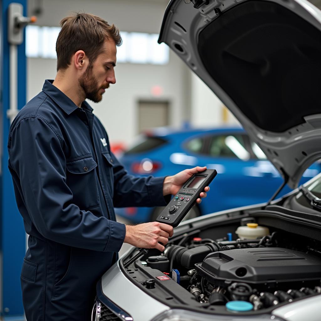 Mechanic Performing an Engine Compression Test during Car Service