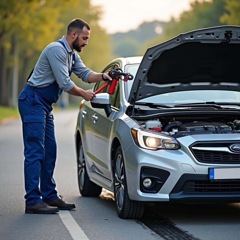 Mechanic Performing Roadside Assistance on Car