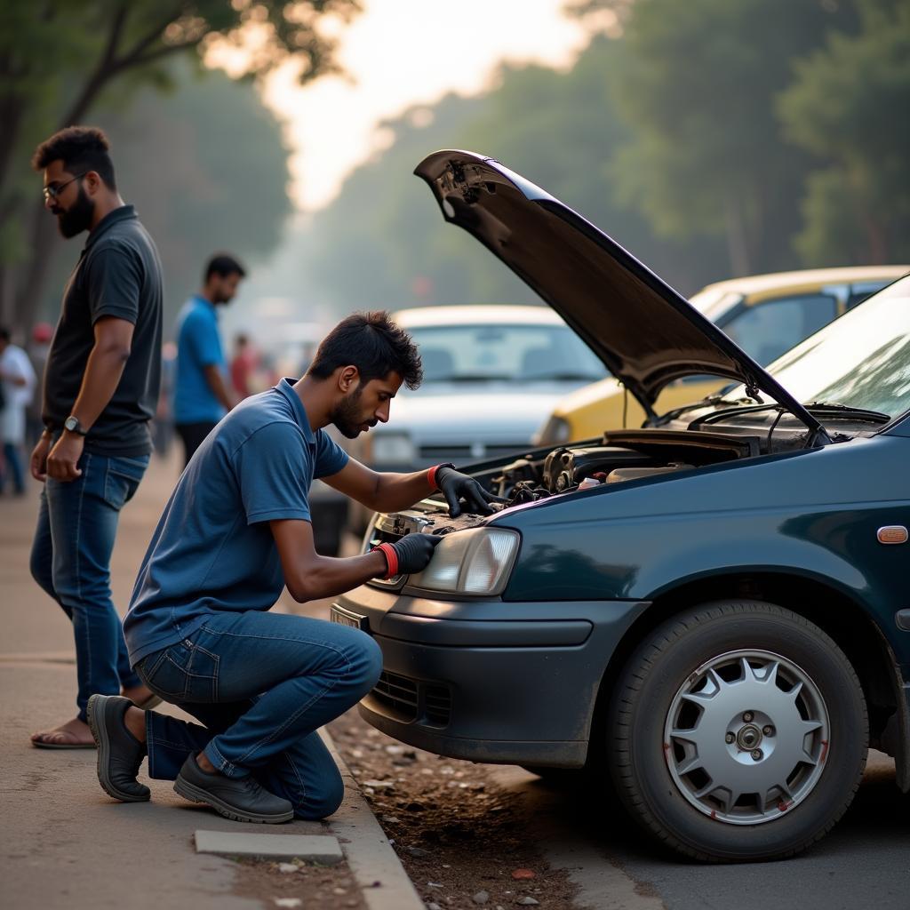 Mechanic Repairing Car on the Roadside in Mumbai