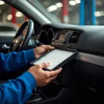 Mechanic replacing the cabin air filter in a car during a service appointment in North Delhi.