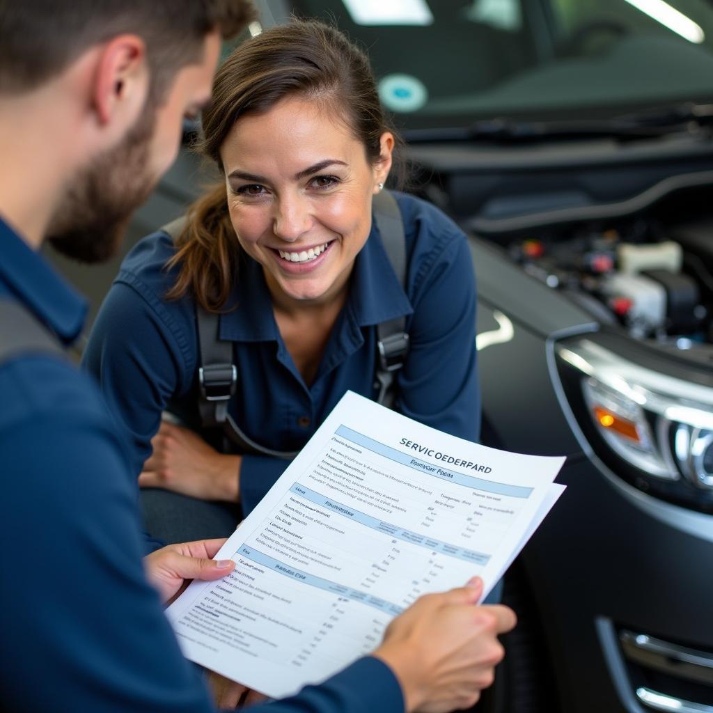 Mechanic and Customer Reviewing Car Service Order Form