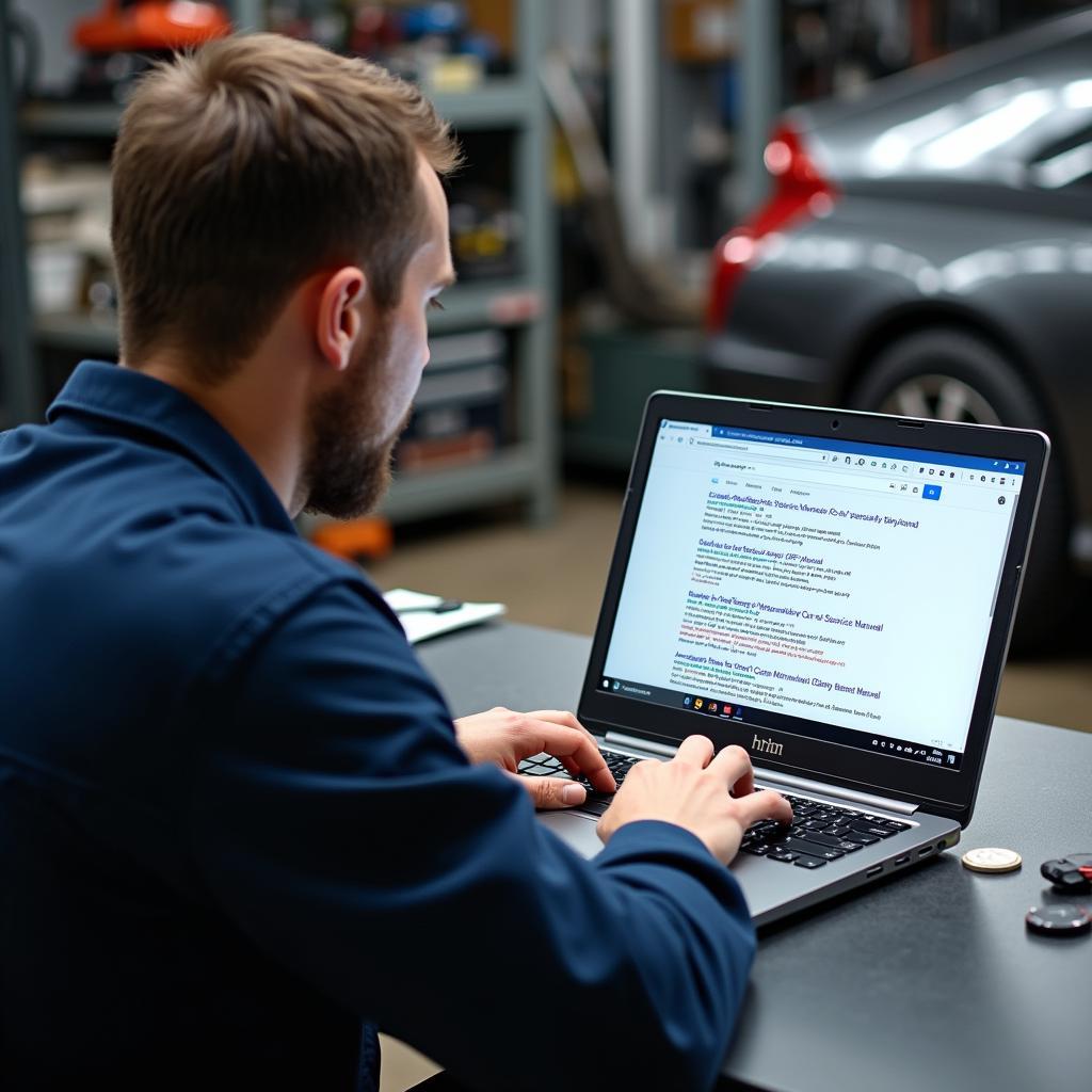 Mechanic Using Laptop to Search for Car Service Manual