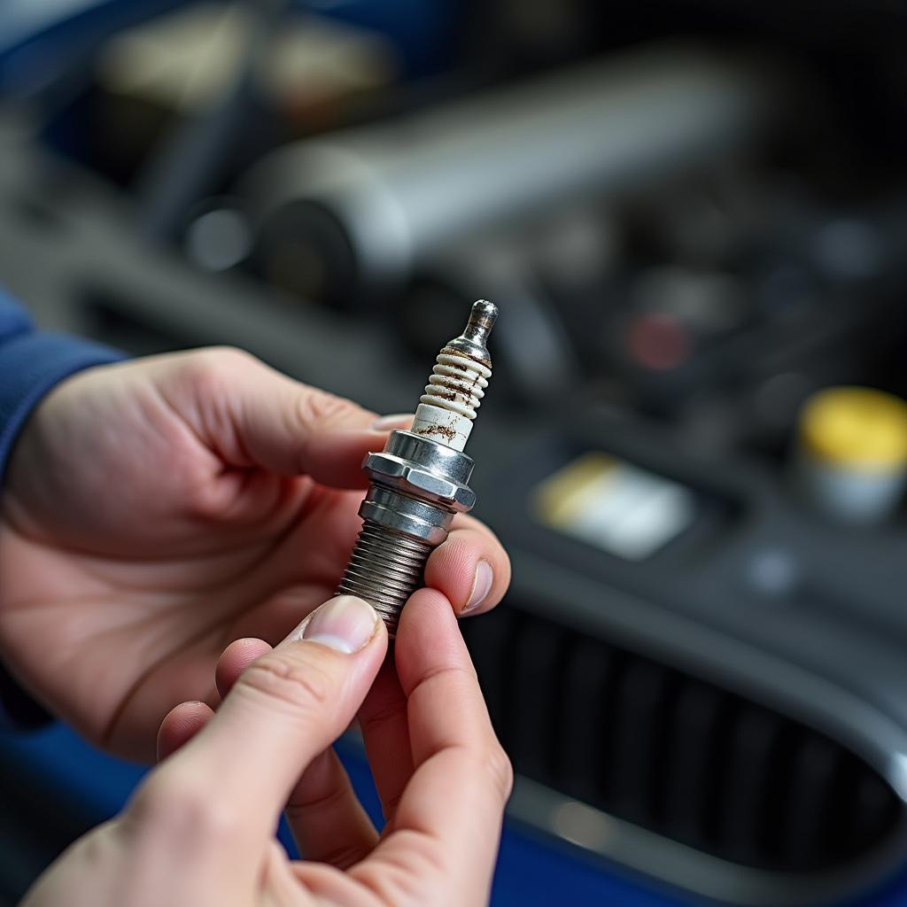 Mechanic showing damaged car part to customer