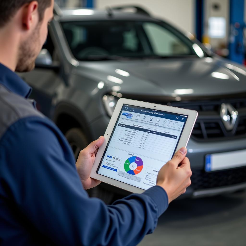 Mechanic Using Car Repair Software on a Tablet in a Garage