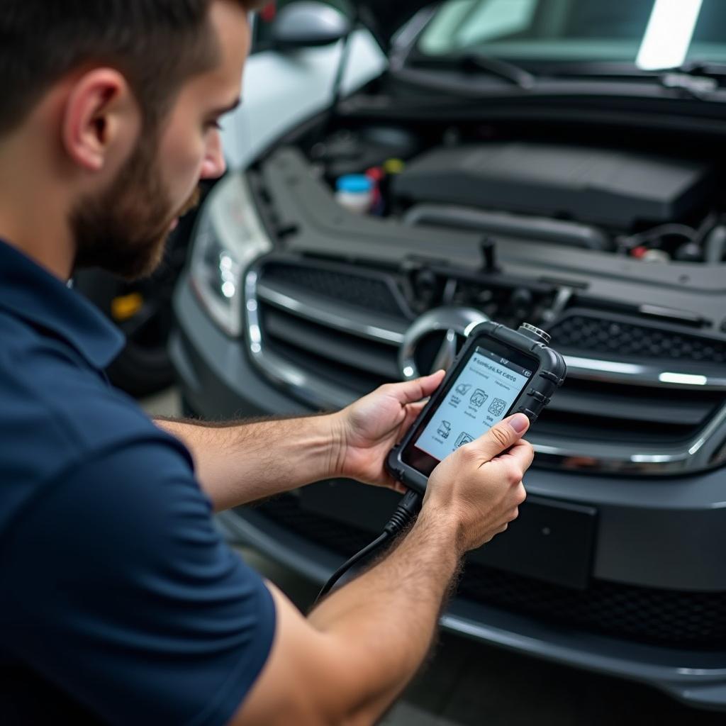 Mechanic Using Diagnostic Tool on a Car