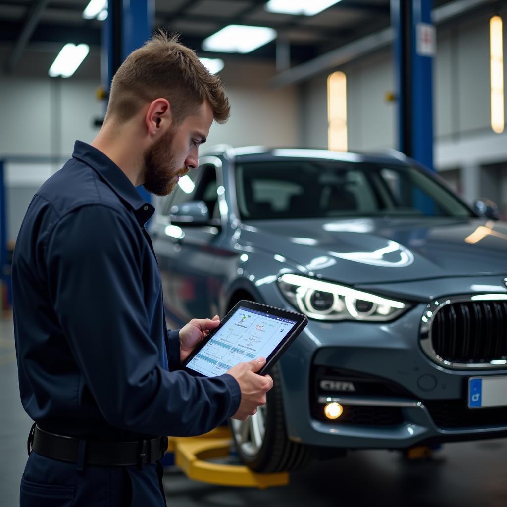 Mechanic Using Diagnostic Tool on a Car