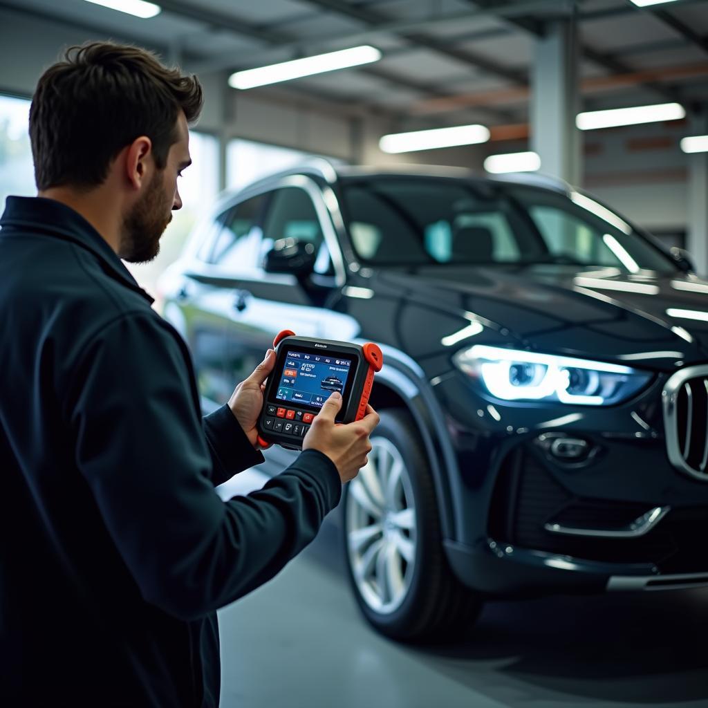 Mechanic Using Diagnostic Tool on Car