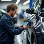 Mechanic using a diagnostic tool on a car in a modern repair shop